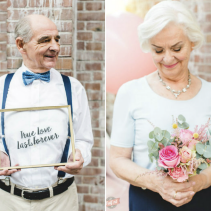 Afbeelding van een stel, gesplitst in de helft: de linkerzijde toont een man, de rechterzijde een vrouw met een boeket bloemen, symboliserend een ouderwets, langdurig huwelijk.