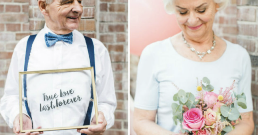 Afbeelding van een stel, gesplitst in de helft: de linkerzijde toont een man, de rechterzijde een vrouw met een boeket bloemen, symboliserend een ouderwets, langdurig huwelijk.